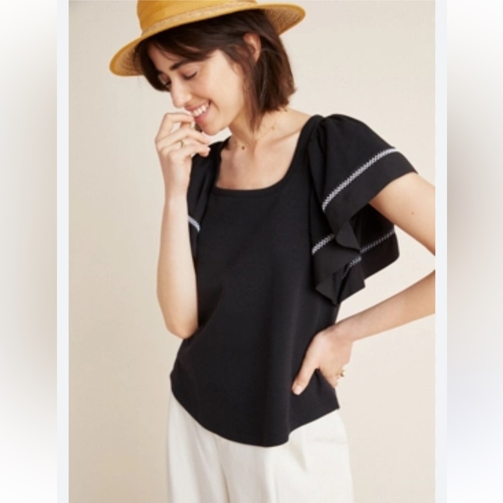 Anthropologie Maeve Embroidered Black Ruffle Sleeve Blouse sz S - Picture 2 of 7